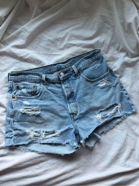 Levi's 501 Light Blue Distressed Denim Shorts